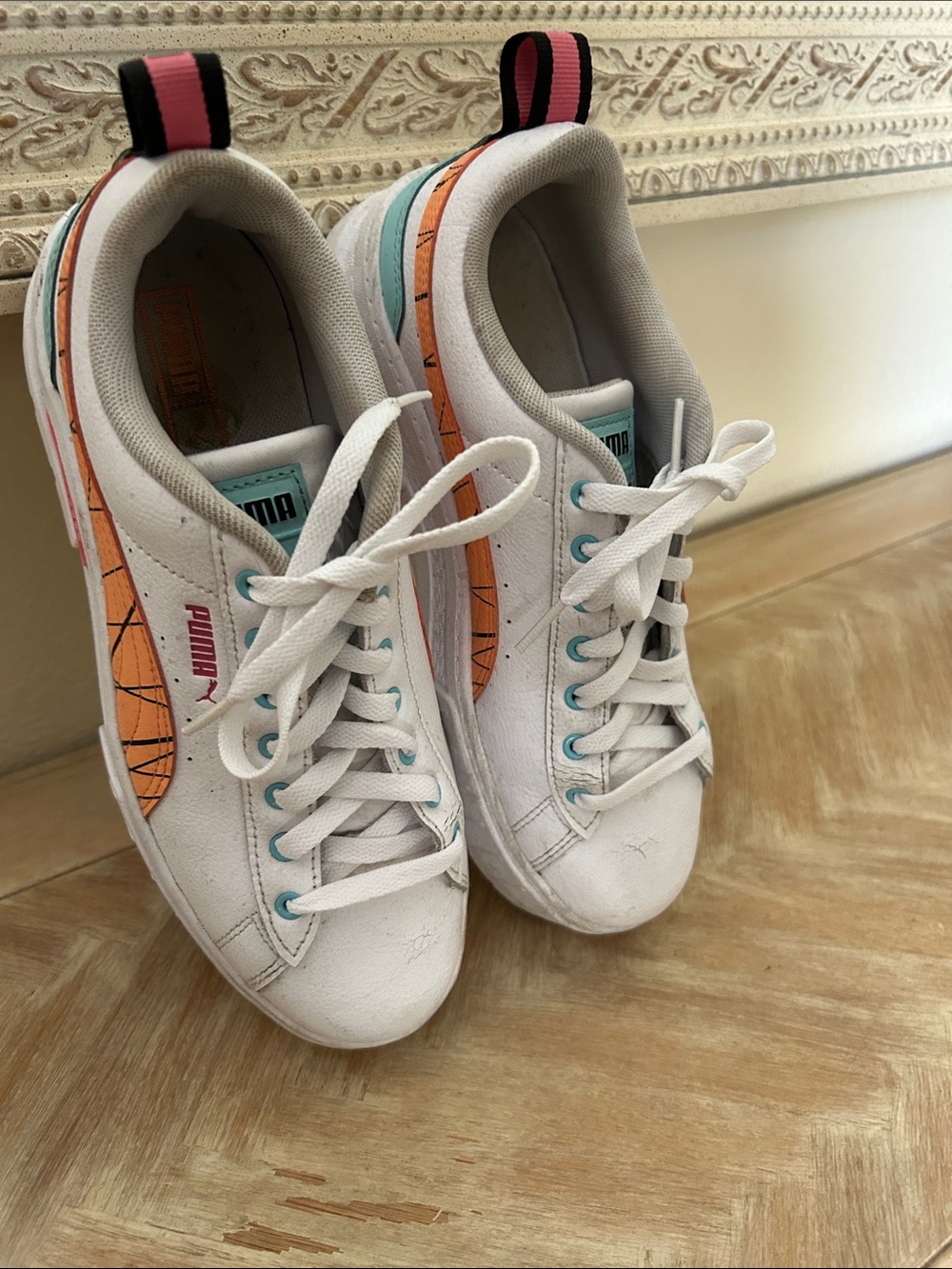 Puma White Athletic Sneakers with Orange and Teal Accents